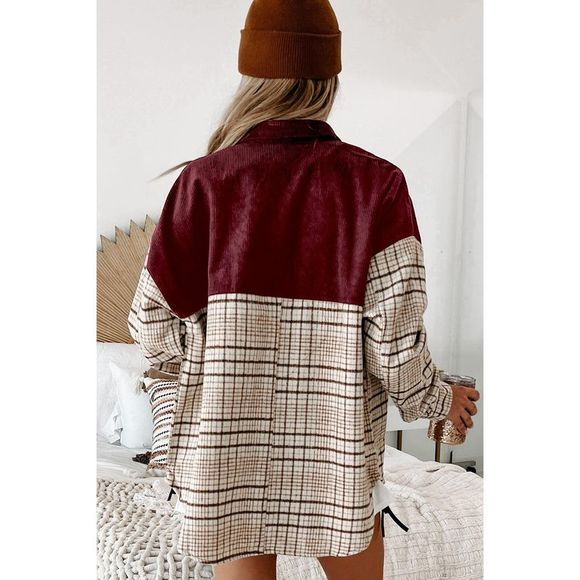 Azura Exchange  Red Plaid Patchwork Button-up Shift Shirt Jacket - Picture 2 of 6